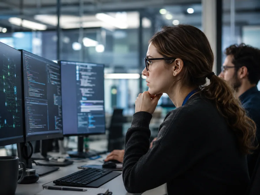 Profesional tecnológica trabajando frente a varios monitores en una oficina moderna