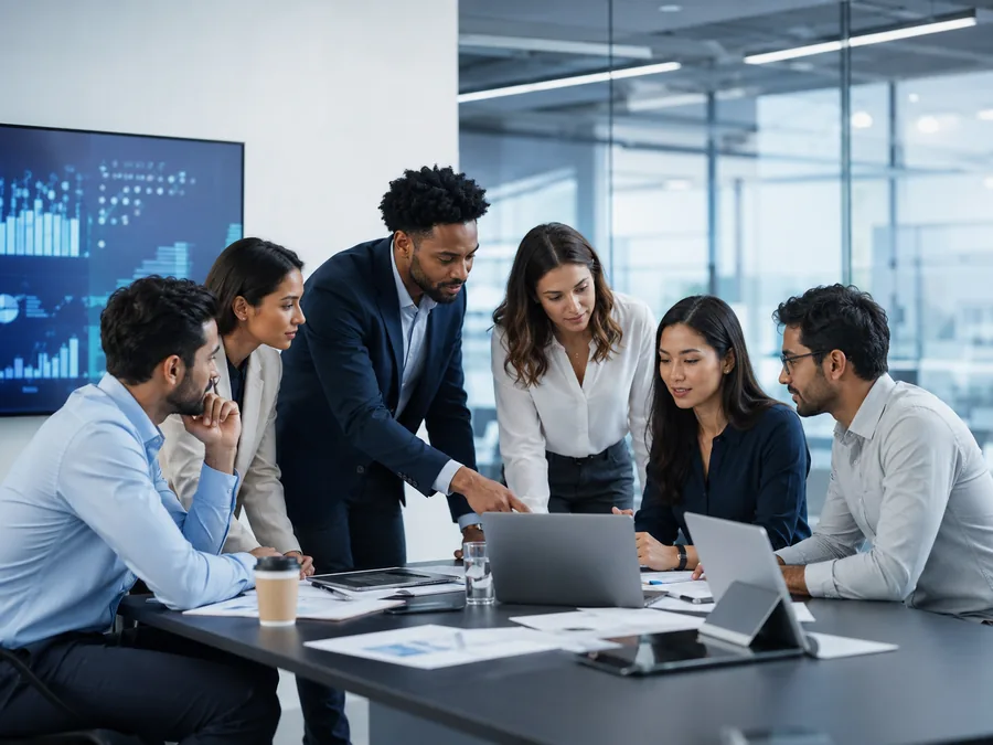 Equipo digital y tecnológico trabajando en una reunión profesional