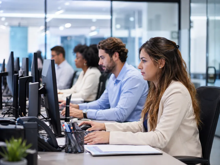 Equipo de back office financiero trabajando en una oficina moderna