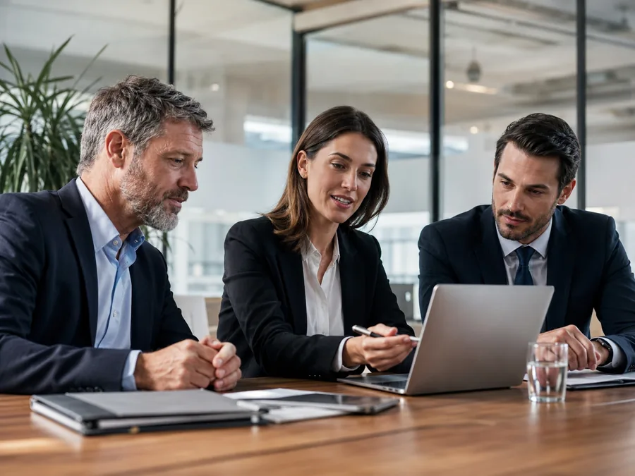 Equipo profesional del sector financiero y asegurador revisando documentación
