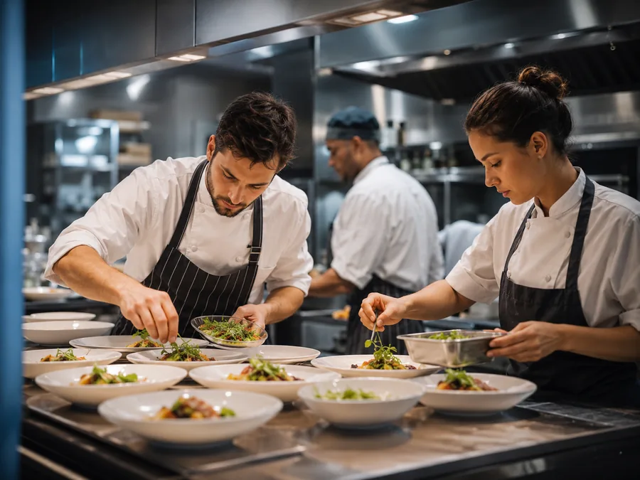 Equipo de cocina profesional preparando platos durante el servicio