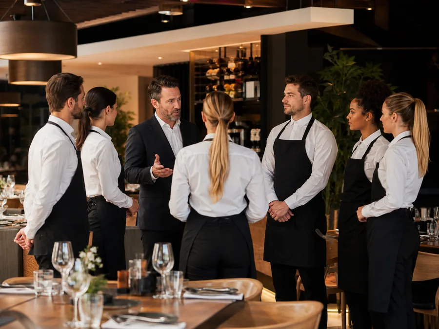 Equipo de hostelería reunido antes del servicio en un restaurante