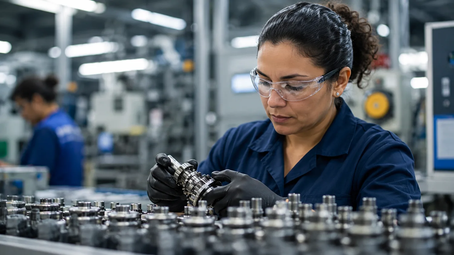 Operarios en línea de producción industrial